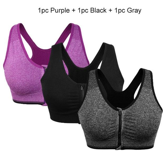 Great Deal 3Pcs Women Zipper Push Up Sports Bras - Plus Size -Padded Wire Free - Breathable Sports Tops -Fitness Gym (D6)(4Z2)
