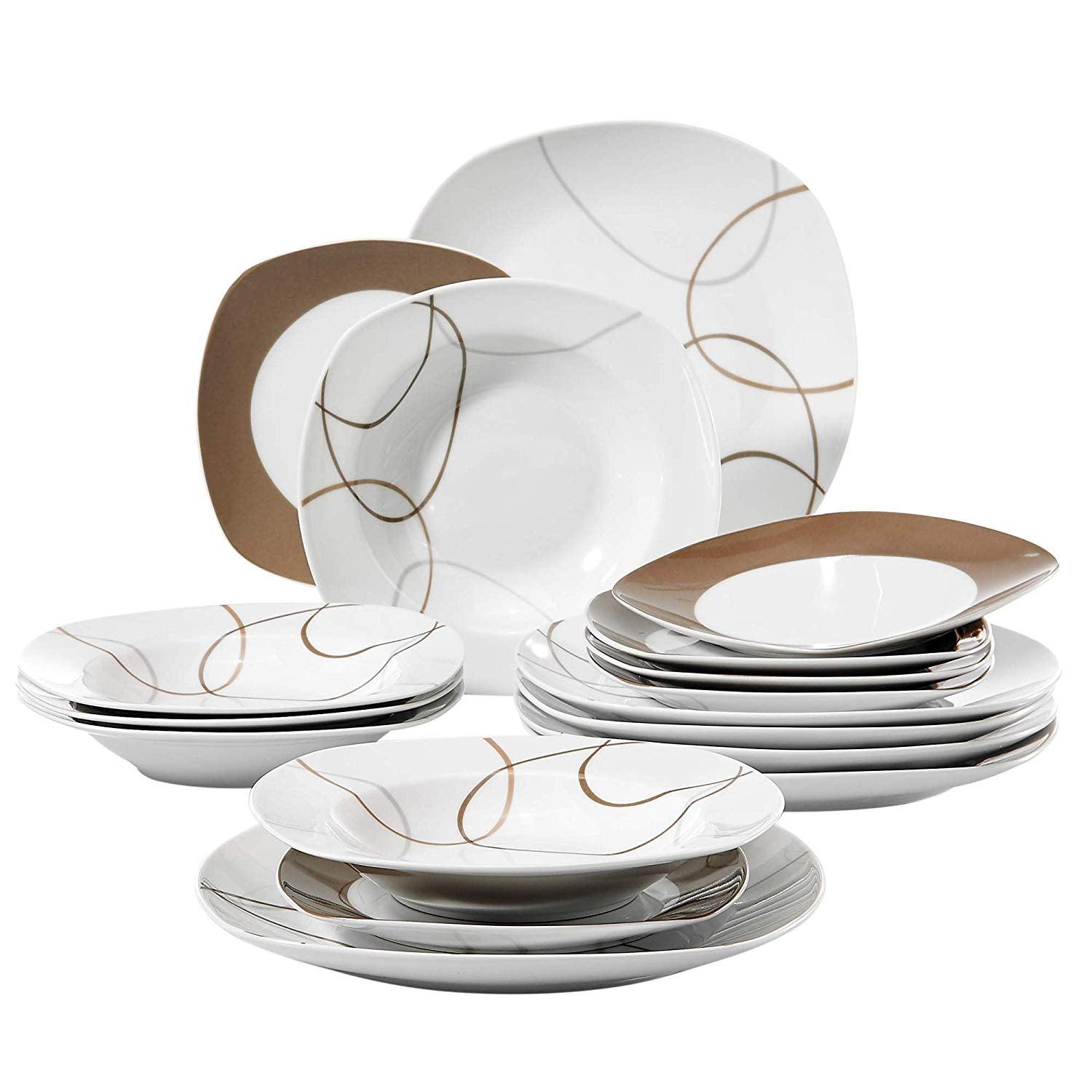 18-Piece Ceramic Porcelain Kitchen Dinner Plates Set -Tableware Set with Dinner Plate,Dessert Plate,Deep Soup Plate (AK7)(1U61)