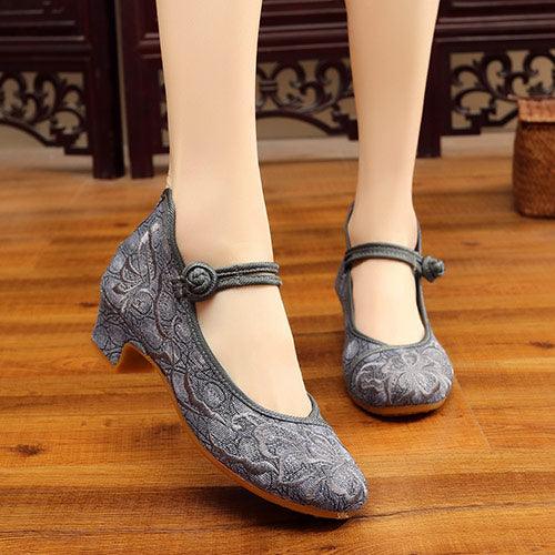 Nice Flower Embroidered Women Low Block Heel Canvas Pumps Ankle Strap Elegant Shoes (SH3)(FS)(SH2)(CD)(F37)