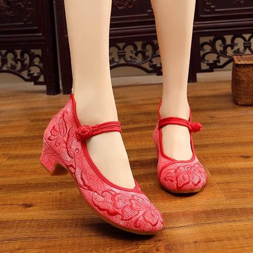 Nice Flower Embroidered Women Low Block Heel Canvas Pumps Ankle Strap Elegant Shoes (SH3)(FS)(SH2)(CD)(F37)
