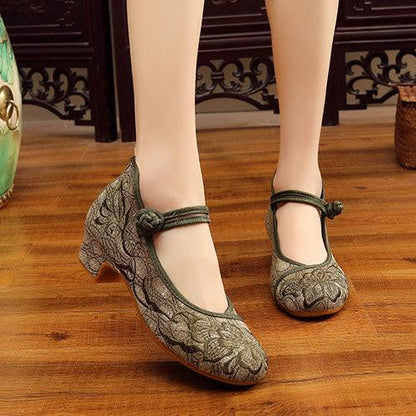 Nice Flower Embroidered Women Low Block Heel Canvas Pumps Ankle Strap Elegant Shoes (SH3)(FS)(SH2)(CD)(F37)