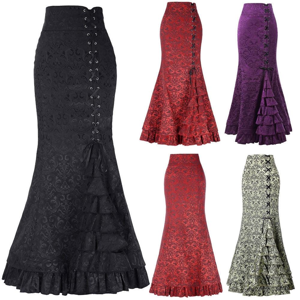 Cute Women Mermaid Long Skirt - Floral Lace Up Girdle Waist Zipper Evening Party Skirt - Casual Layered Lady Maxi Skirts (TB7)