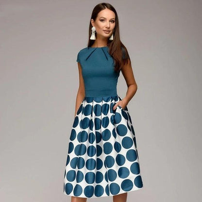 Hot Sale Vintage Dot Printing Patchwork A-line Dresses - Women Summer Short Sleeves Round Neck Casual Dress (BWM)(TP5)(F20)(F30)