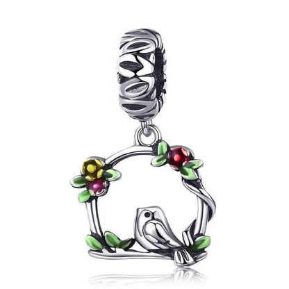 Cute Real 925 Sterling Silver Bird in the Woods Charm - Jewelry Gift (6JW)