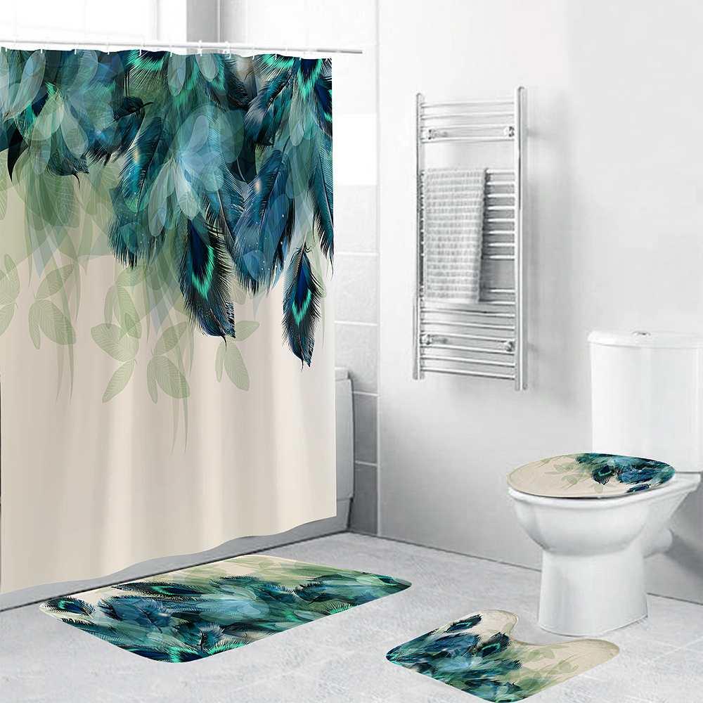 Waterproof Bathroom Shower Curtain 3PC Anti-Slip Toilet Mats Set Peacock Feather Curtain Shower Sets (B&2)(B&3)(1U65)