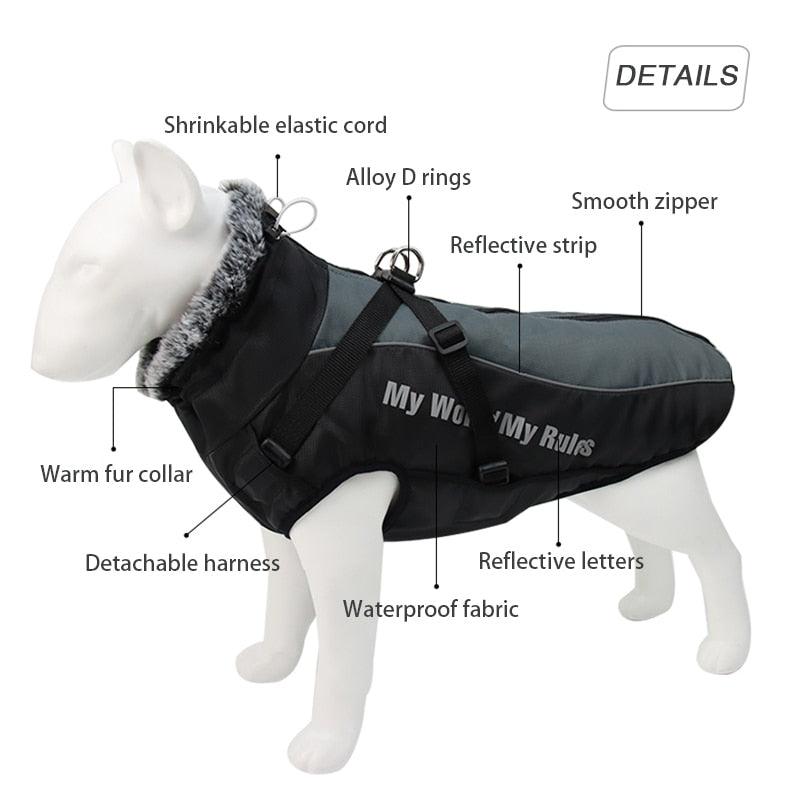 Waterproof Large Dog Clothes - Winter Dog Coat With Harness - Furry Collar Warm Pet Clothing (W1)(F69)