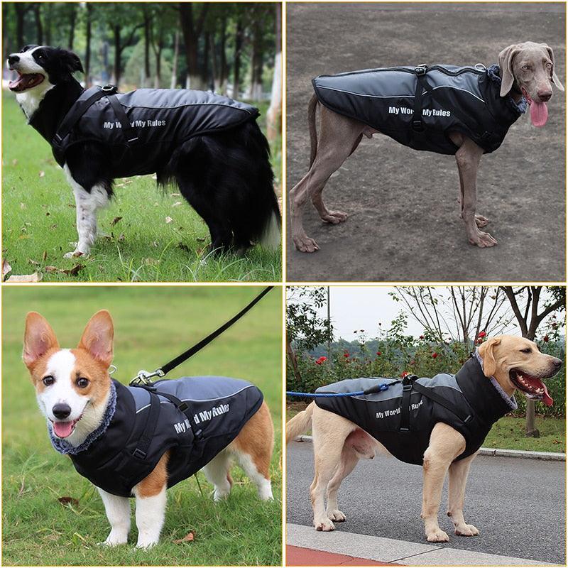 Waterproof Large Dog Clothes - Winter Dog Coat With Harness - Furry Collar Warm Pet Clothing (W1)(F69)