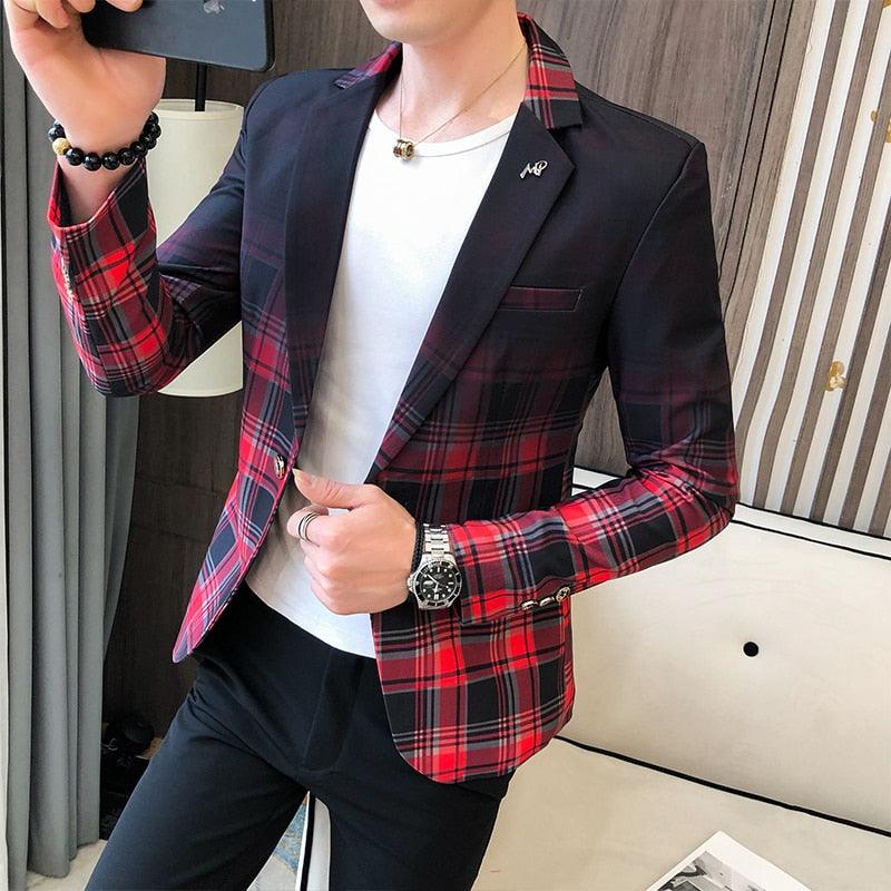 Male Blazer - Spring British Style Plaid Blazer Suit Jacket (T2M)(CC5)(F8)(F11)(F10)