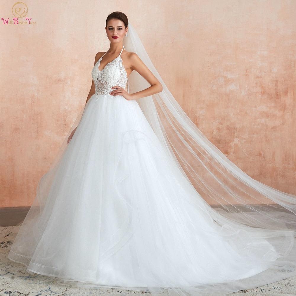 Sexy Wedding Dresses - Ball Gown Halter Lace - Tulle Court Train Sleeveless Sweetheart Dress (D18)(WSO1)
