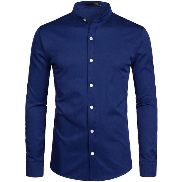 Trending Banded Collar Dress Shirt - Men Slim Fit Long Sleeve Casual Button Down Shirts (TM1)(T2G)