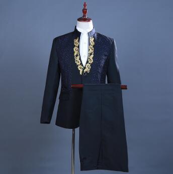 Diamond Suit - Men Wedding Groom Tuxedo Suits - Men's Stand Collar Prom Stage Suits (F8)(T1M)(F10)