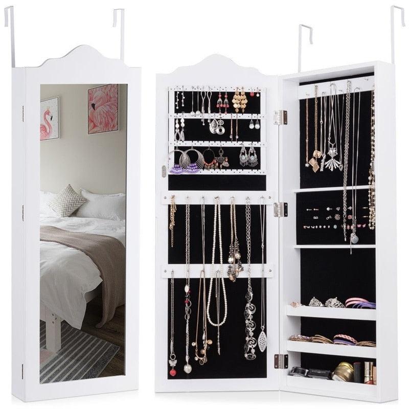 White Wooden Wall Mounted Mirrored Jewelry Cabinet Armoire Storage Box Make up Cosmetic Organizer (1FW1)(1U67)