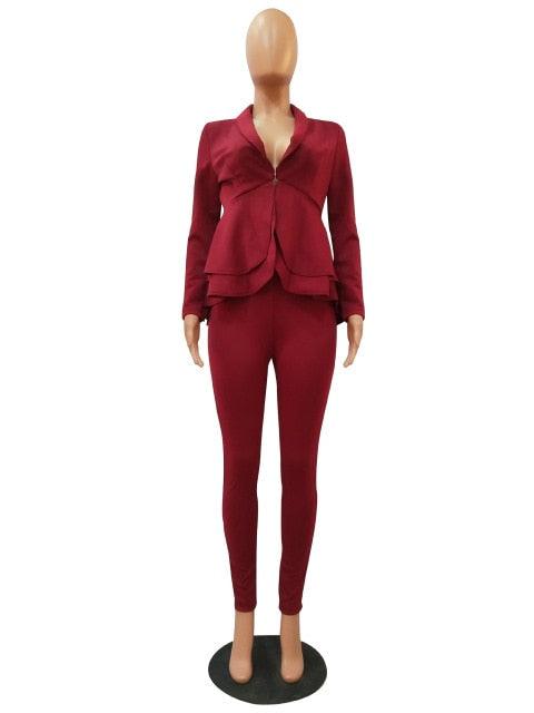 Winter 2 Piece Set Blazer - Women Work Wear - Full Sleeve Ruffles Pencil Pants Suit - Two Piece Office Set (3U20)