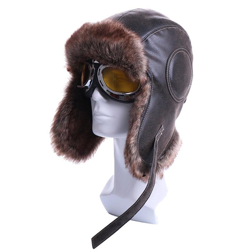 Winter Bomber Hats - Plush Earflap Russian With Goggles Trapper - Aviator Pilot Hat Faux Leather Fur Snow Caps (MA8)(F103)