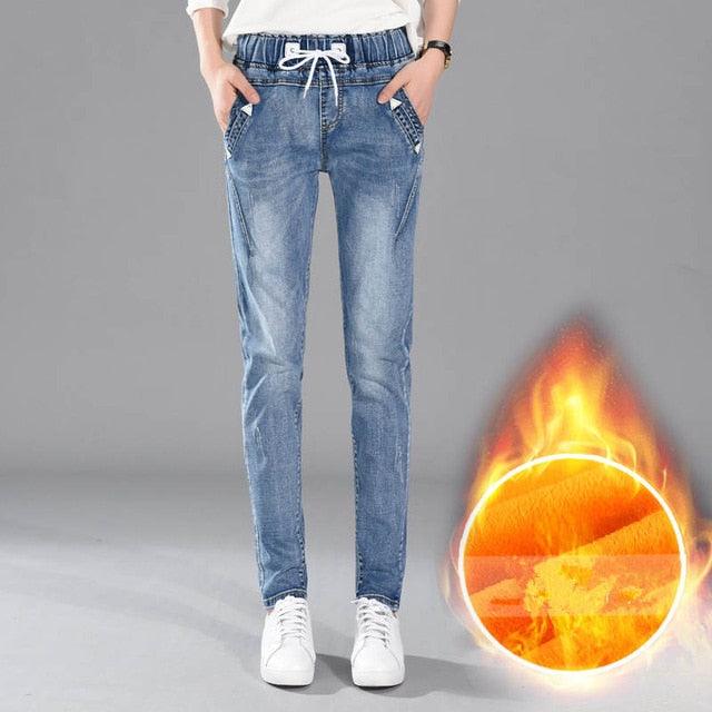 Amazing Women Winter Jeans - Pounds Large Size Denim High Waist Jeans - Thick Plus Velvet Jeans - Warm Pants (D21)(TB6)(BCD3)