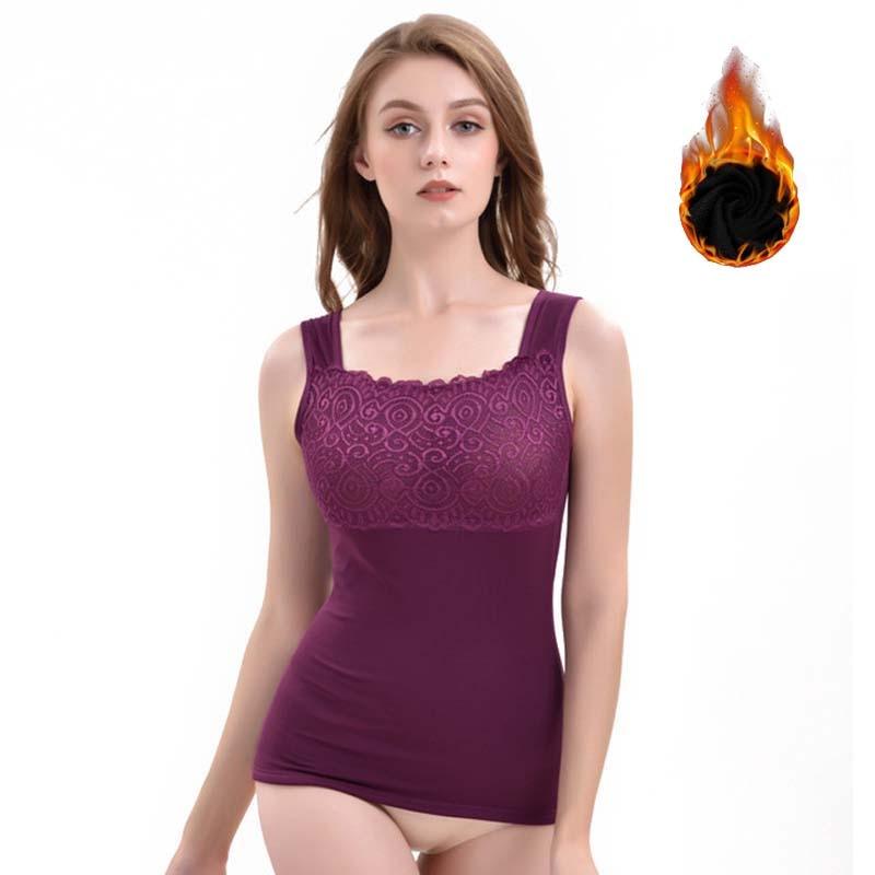 Winter Thermal Underwear Camisole Tank Top - Plus Size Warm Velvet T-shirt - Women Lace Topic Padded Strap Crop Tops (D19)(TB3)
