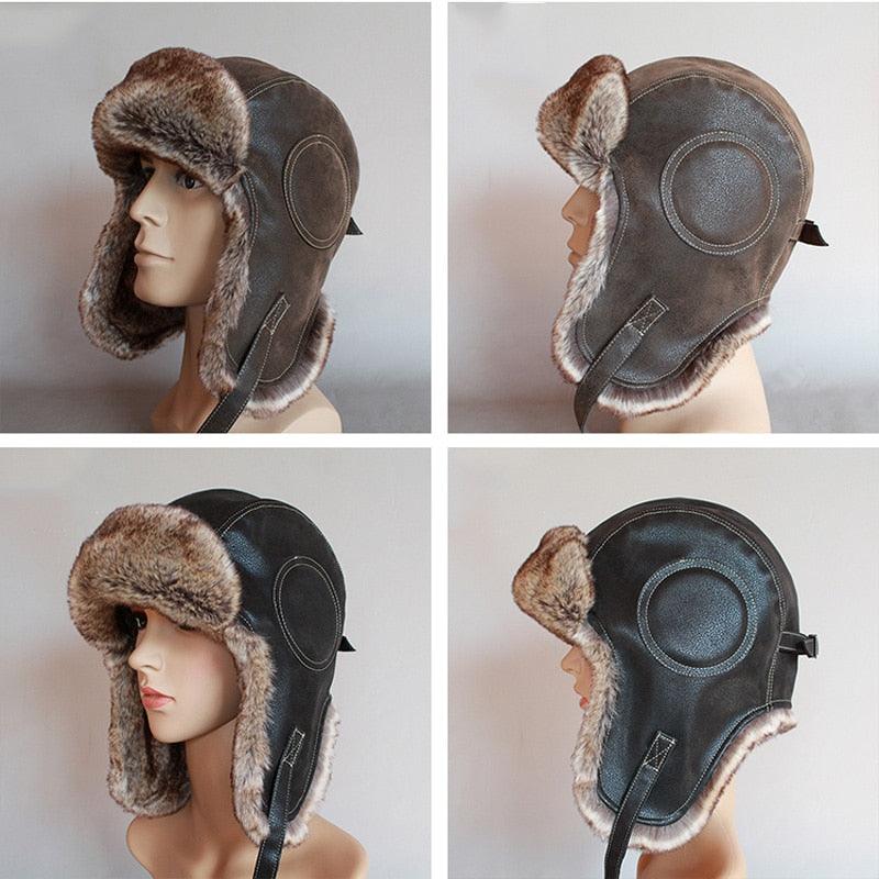 Winter Hat - Pilot Aviator Bomber Trapper Hat - Faux Fur Leather Snow Cap With Ear Flaps (MA8)(F103)