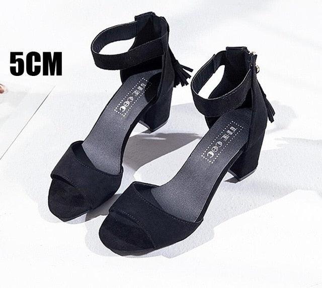 Beautiful Women's Summer Tassel Flock Sandals - Thick High Heels (SH3)(SH2)(SS1)(WO4)