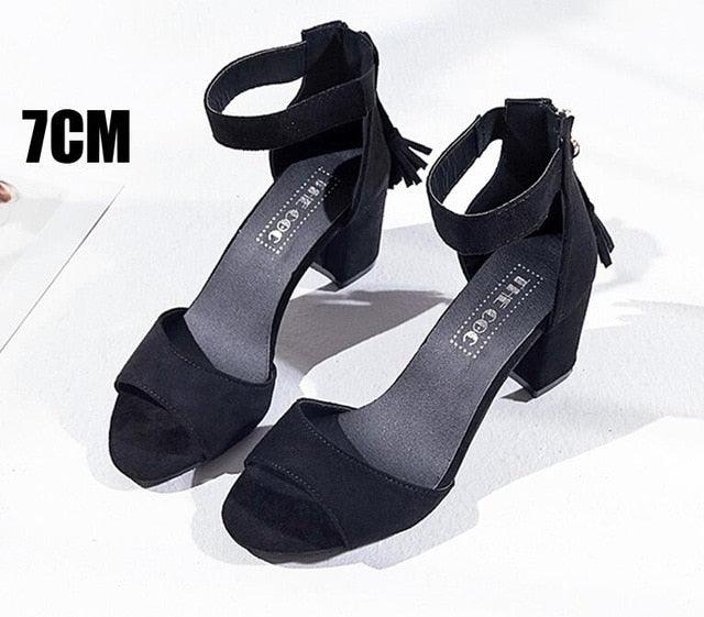 Beautiful Women's Summer Tassel Flock Sandals - Thick High Heels (SH3)(SH2)(SS1)(WO4)