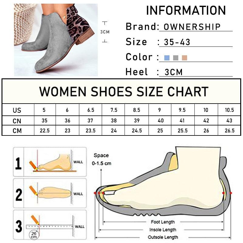 Leopard Low Heels Women Retro PU Leather Ankle Boots - Zip Ladies Shoes (2U38)(2U107)(2U36)