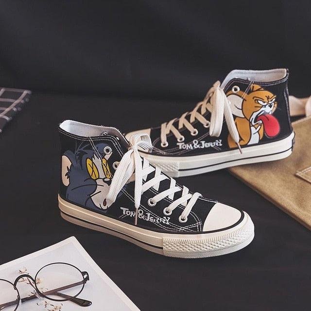 Women's Anime Cartoon Print Patchwork Shoes - Lovely Girls Canvas Thick Heel Sneakers (BWS7)(F41)