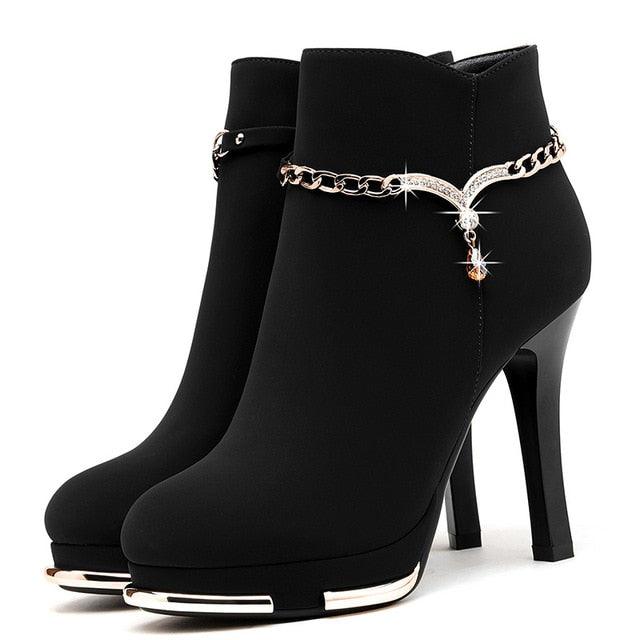 Cute Women Boots - Fashion Style Ankle Booties - Zipper Diamond Chain - Excellent Quality (BB1)(BB2)(CD)(WO4)