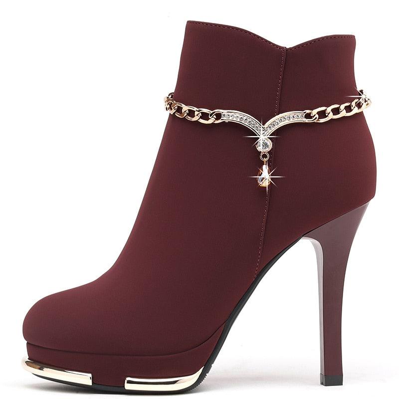 Cute Women Boots - Fashion Style Ankle Booties - Zipper Diamond Chain - Excellent Quality (BB1)(BB2)(CD)(WO4)