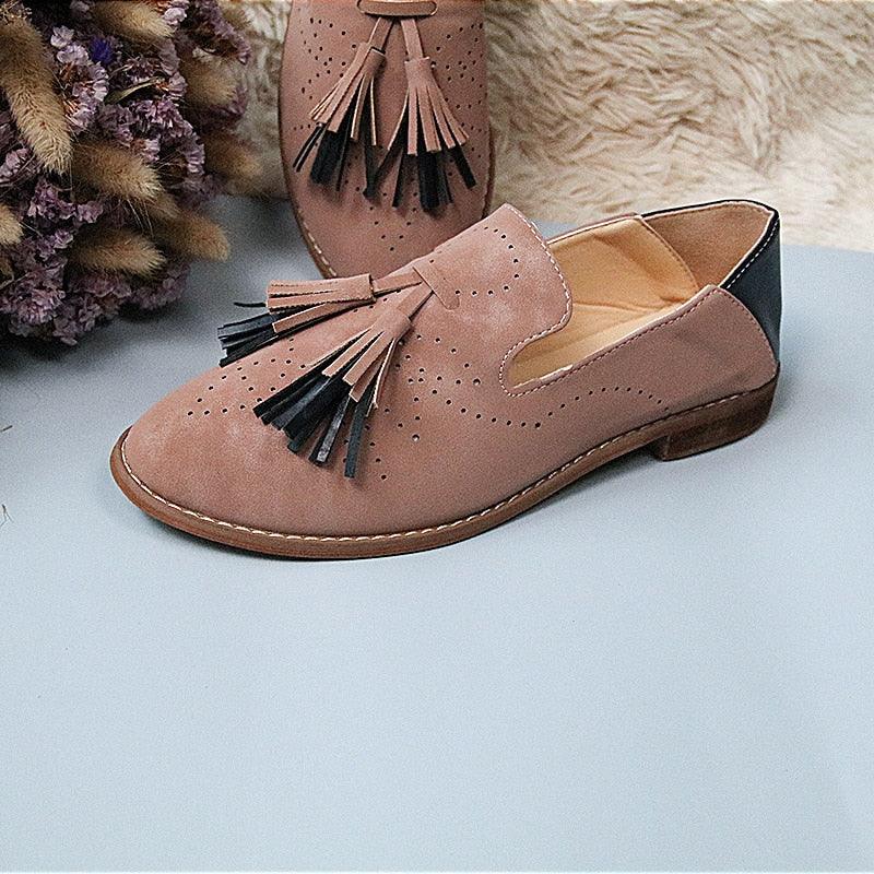 Women Brogue Flats Autumn Fashion Shoes - Fringe PU Leather Loafers Footwear (2U40)