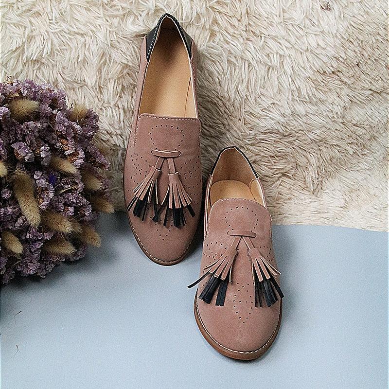 Women Brogue Flats Autumn Fashion Shoes - Fringe PU Leather Loafers Footwear (2U40)