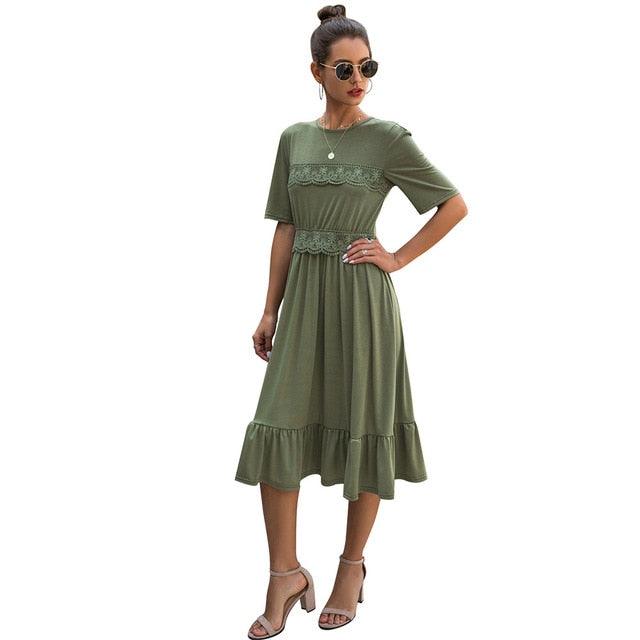 Gorgeous Women Casual Solid Color A-line Dress - Summer Fashion Half Sleeve Mid-Calf Lace Dress - Elegant Round Neck (1U30)(1U20)