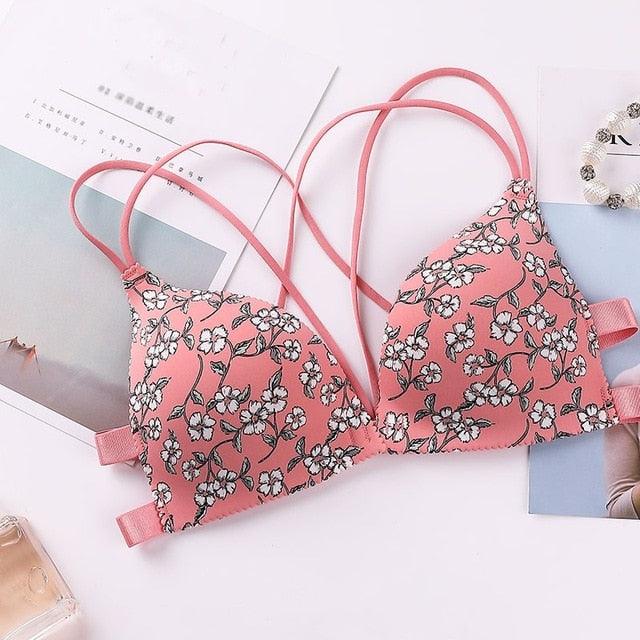 Beautiful Women Flower Printed Bras - Cross Beauty Back Front Buckle Wireless Bralettes - Sexy Comfort Push Up Bras 1pc (1U27)