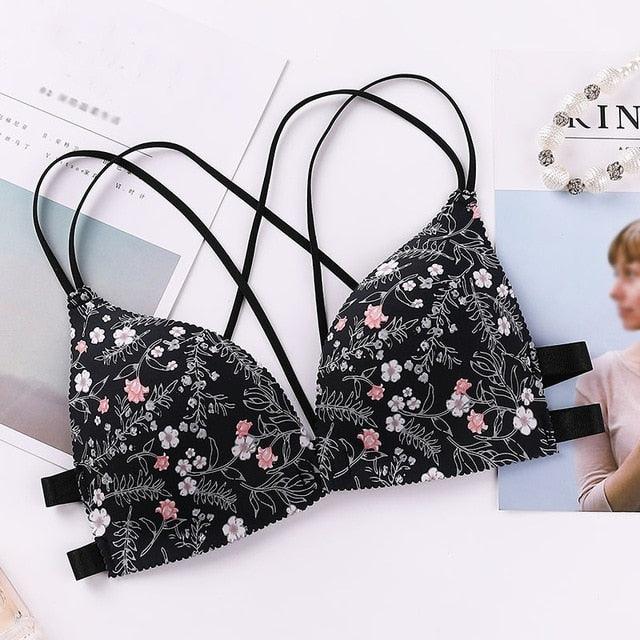 Beautiful Women Flower Printed Bras - Cross Beauty Back Front Buckle Wireless Bralettes - Sexy Comfort Push Up Bras 1pc (1U27)