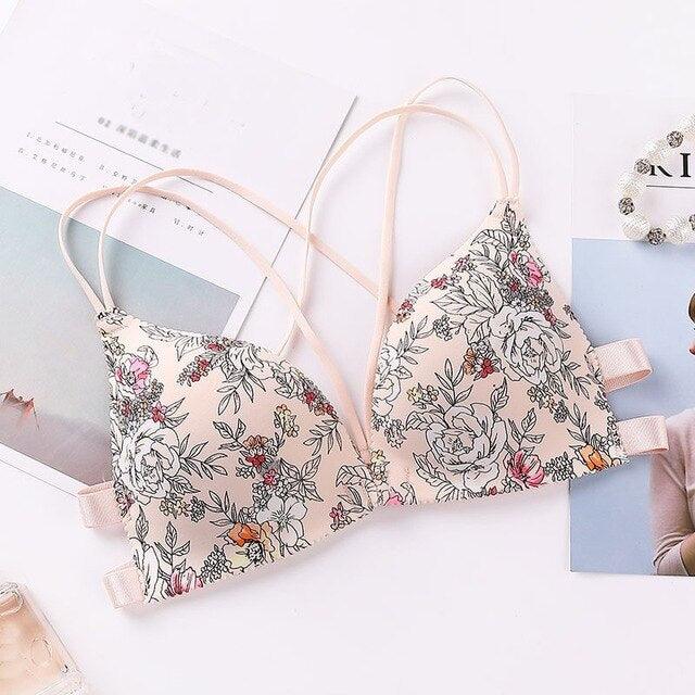 Beautiful Women Flower Printed Bras - Cross Beauty Back Front Buckle Wireless Bralettes - Sexy Comfort Push Up Bras 1pc (1U27)