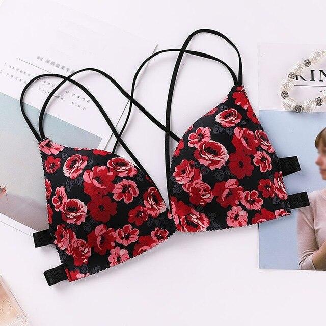 Beautiful Women Flower Printed Bras - Cross Beauty Back Front Buckle Wireless Bralettes - Sexy Comfort Push Up Bras 1pc (1U27)