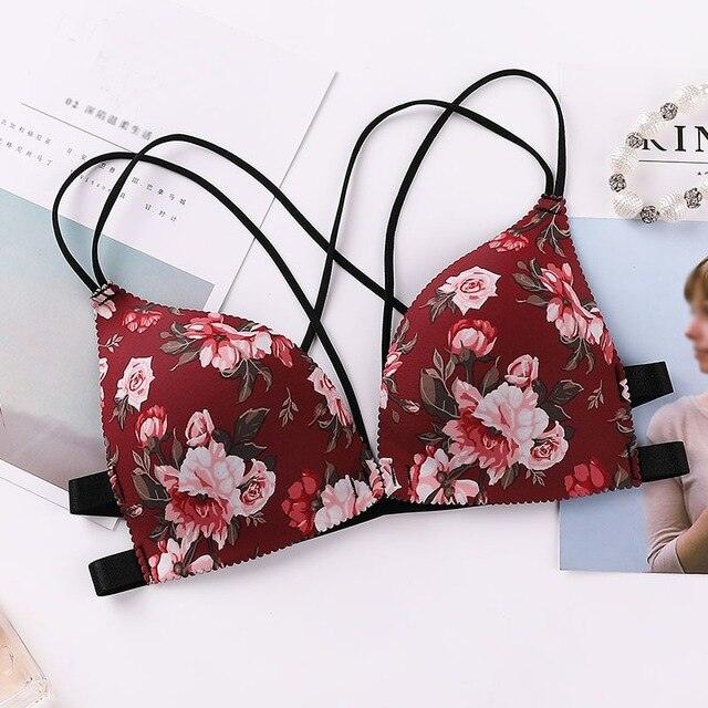 Beautiful Women Flower Printed Bras - Cross Beauty Back Front Buckle Wireless Bralettes - Sexy Comfort Push Up Bras 1pc (1U27)