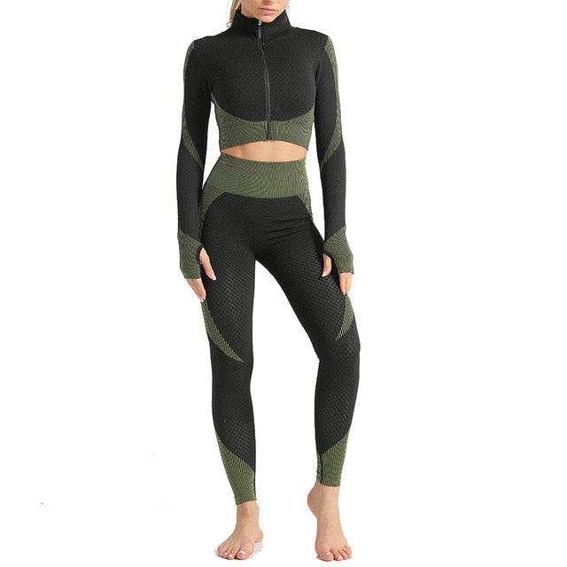 Women Long Sleeve Yoga Set - Gym Zippered Clothes - Fitness Crop Top + High Waist Seamless Leggings - 2Pcs Sport Suit (1U24)