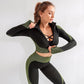 Women Long Sleeve Yoga Set - Gym Zippered Clothes - Fitness Crop Top + High Waist Seamless Leggings - 2Pcs Sport Suit (1U24)