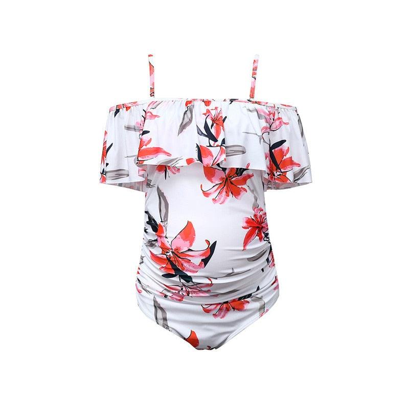Women Maternity Swimsuit - Floral Print Bikini Pregnancy Swimwear - Off Shoulder One-pieces Beachwear (3U4)(Z5)