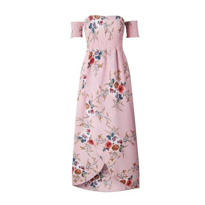 Women Off Shoulder Floral Print Boho Dress - Women Beach Summer Dresses - Strapless Long Maxi Dress (D18)(WS06)