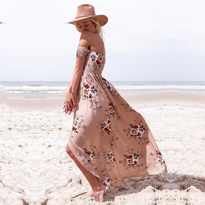 Women Off Shoulder Floral Print Boho Dress - Women Beach Summer Dresses - Strapless Long Maxi Dress (D18)(WS06)