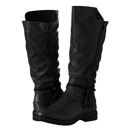 Women Retro Mid Calf Boots - Shoes Knight Warm Boots - Black PU Leather Low Heels (3U38)(3U107)