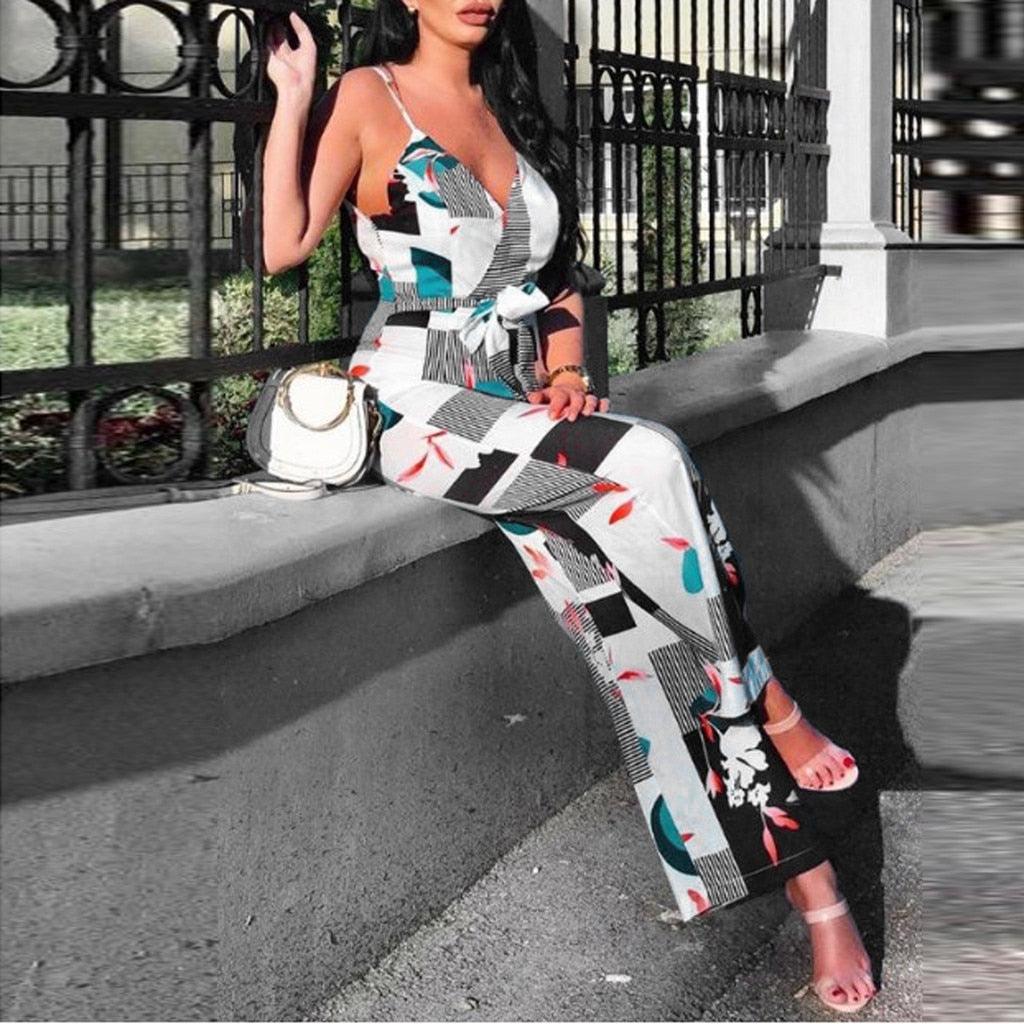 Gorgeous Women's Rompers Jumpsuit - Sexy V-Neck Striped Printed Sleeveless Bandage Loose Jumpsuits (3U33)