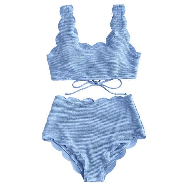 Trending Women Scalloped Textured Swimwear - High Waist Bikini Set - Solid Two Pieces Push Up Beach Bathing Suits (1U26)