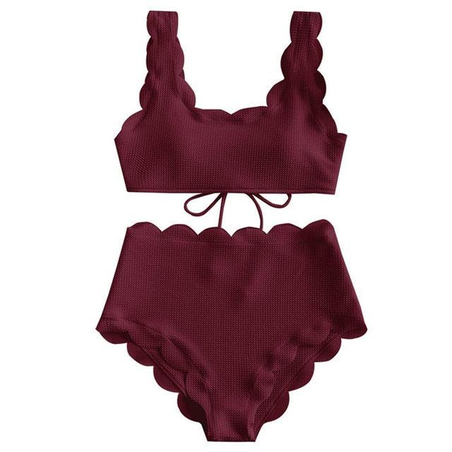 Trending Women Scalloped Textured Swimwear - High Waist Bikini Set - Solid Two Pieces Push Up Beach Bathing Suits (1U26)