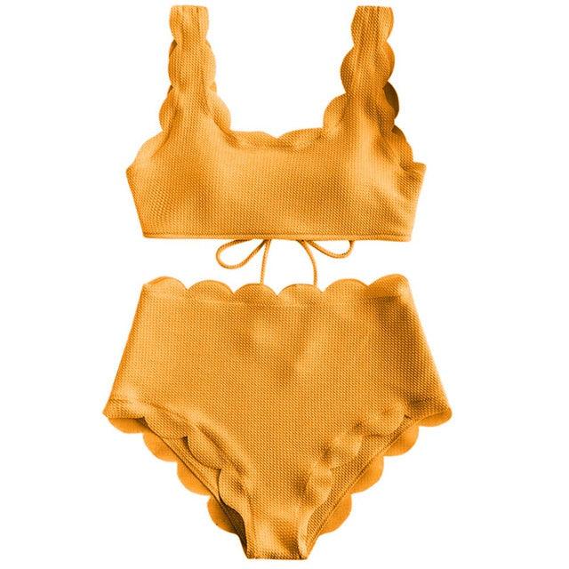 Trending Women Scalloped Textured Swimwear - High Waist Bikini Set - Solid Two Pieces Push Up Beach Bathing Suits (1U26)