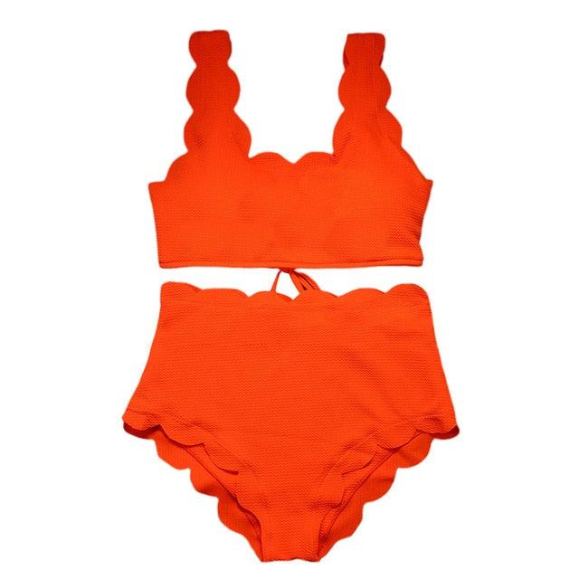 Trending Women Scalloped Textured Swimwear - High Waist Bikini Set - Solid Two Pieces Push Up Beach Bathing Suits (1U26)