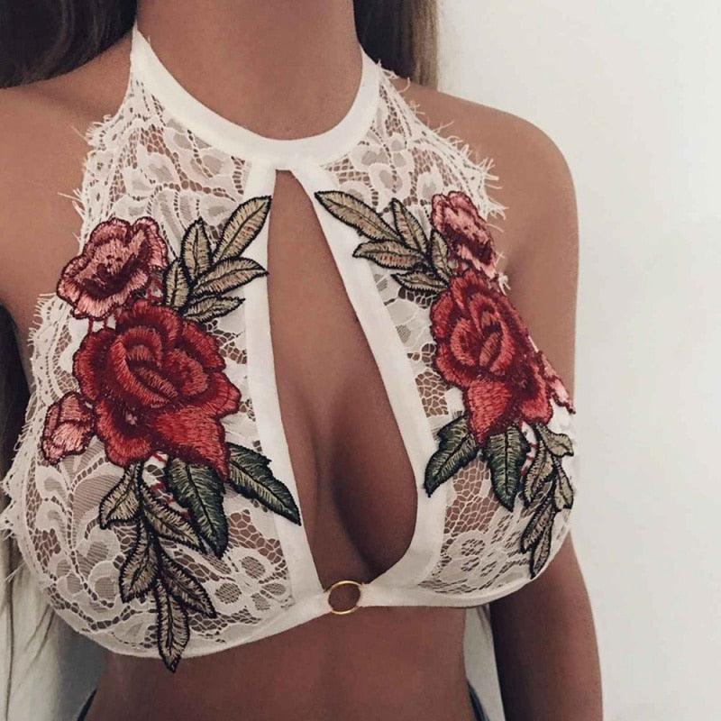 Women Sexy Crop Lace Embroidered Floral Hollow Out Bustier Unpadded Bra - New Cropped Tops (2U27)