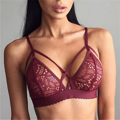 Women Sexy Lingerie Hollow Petals Deep V Bra - Lace Sling Solid Color Light Underwear (1U27)