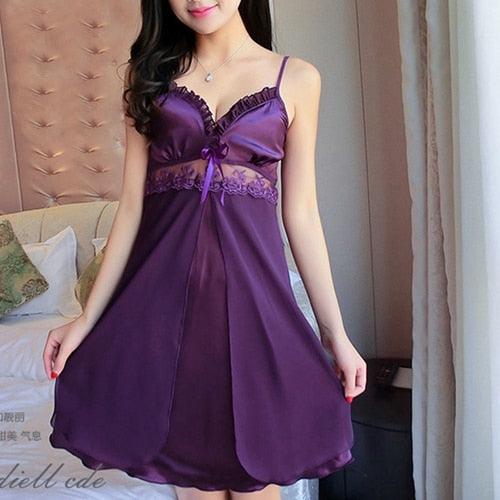 Women Sexy Silk Satin Nightgown - Sleeveless Nightdress - Lace Sleep Ruffle Dress V-neck (ZP2)(F90)