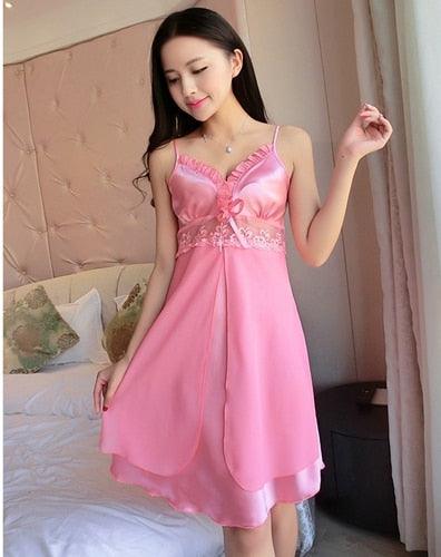 Women Sexy Silk Satin Nightgown - Sleeveless Nightdress - Lace Sleep Ruffle Dress V-neck (ZP2)(F90)